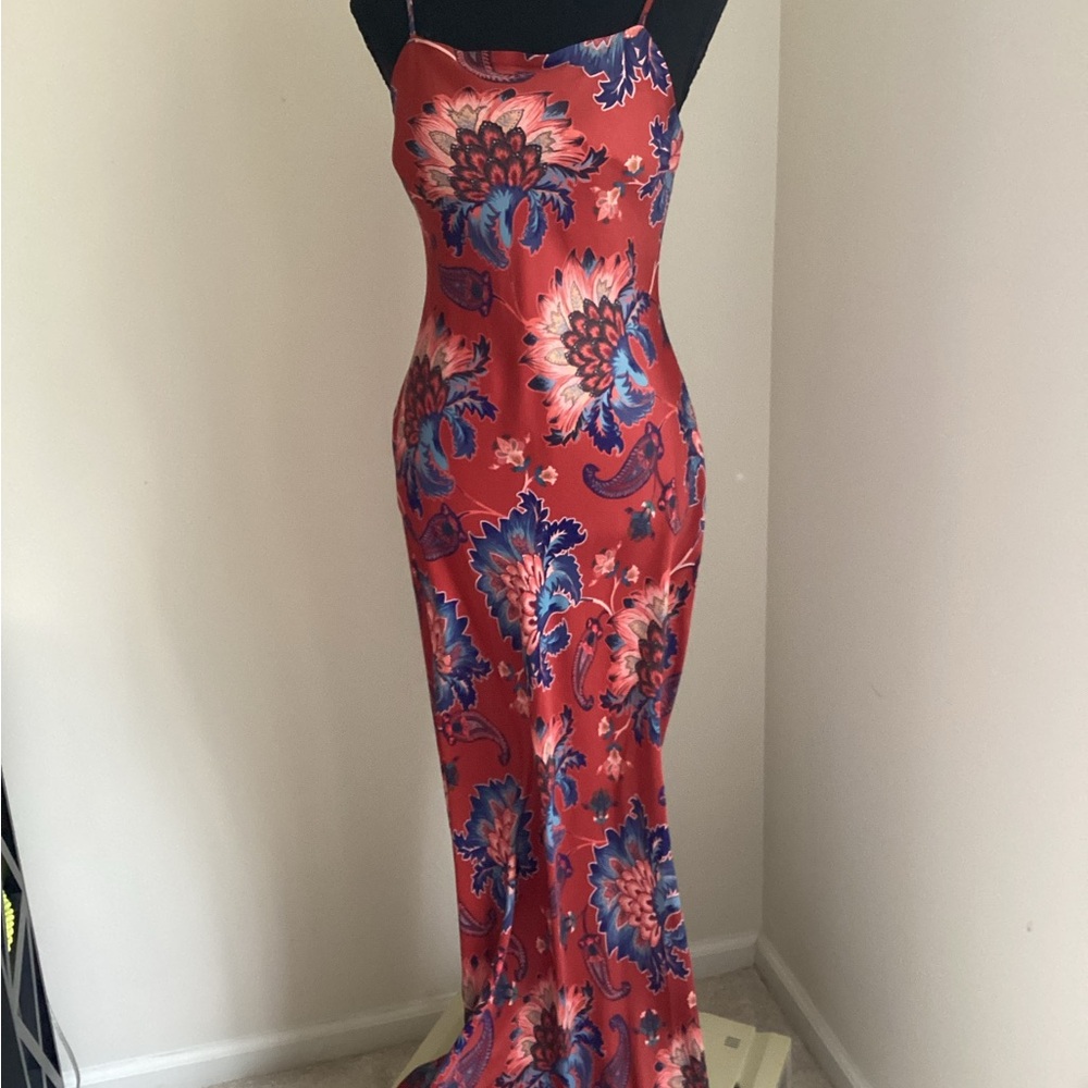 FARM Rio Coral Maxi Dress with Blue Floral Print